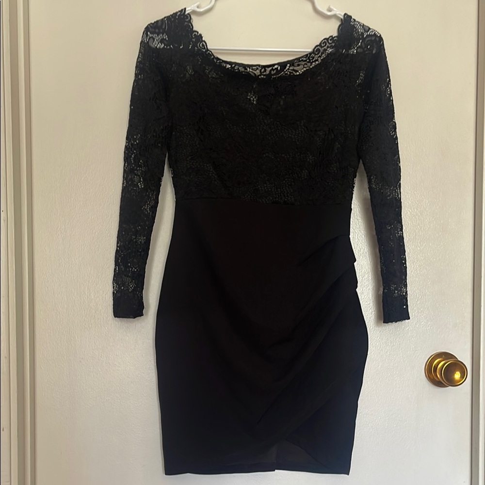 Windsor Black Bodycon Dress Long Cuffed Sleeves (M)